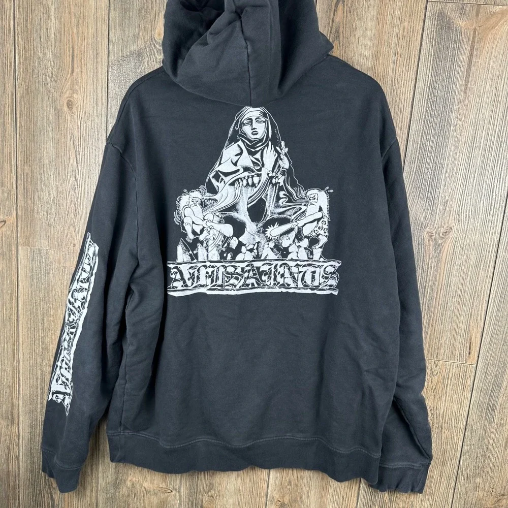 AllSaints Troglodyte LS Hoody Black Graphic Sleeve Pullover Hoodie Mens Large